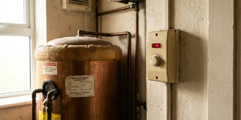 Close-up of an immersion heater thermostat and switch on the wall next to a hot water cylinder