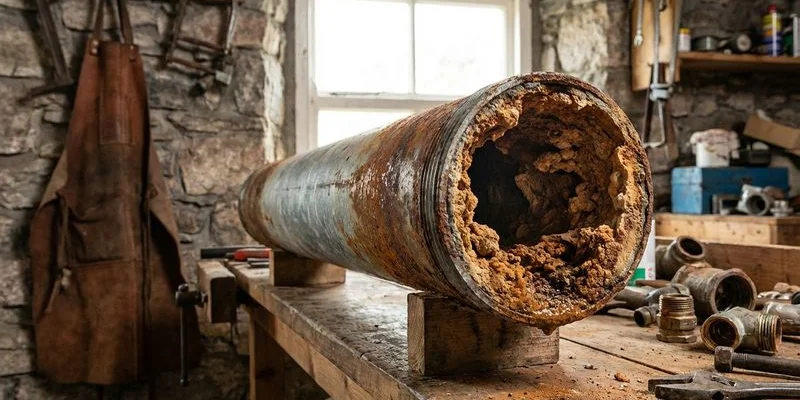 Cross-section view of an old corroded galvanised water pipe showing internal scale build-up and restriction