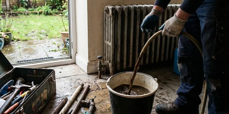 Dark brown sludge-contaminated water being drained from a radiator during heating system maintenance