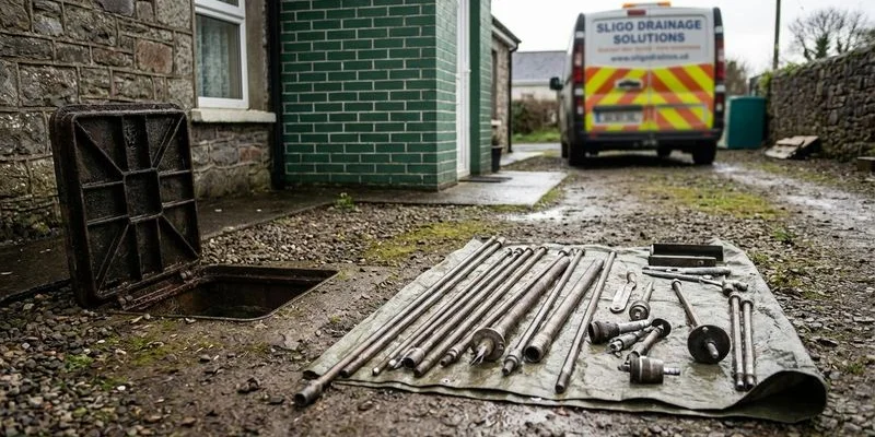 Drain rods laid out beside an open manhole cover at the side of a County Sligo residential property