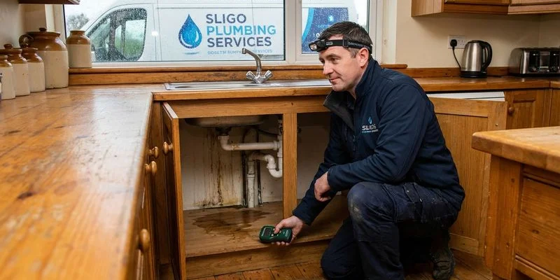 Plumber inspecting water damage underneath a sink in a County Sligo home with torchlight