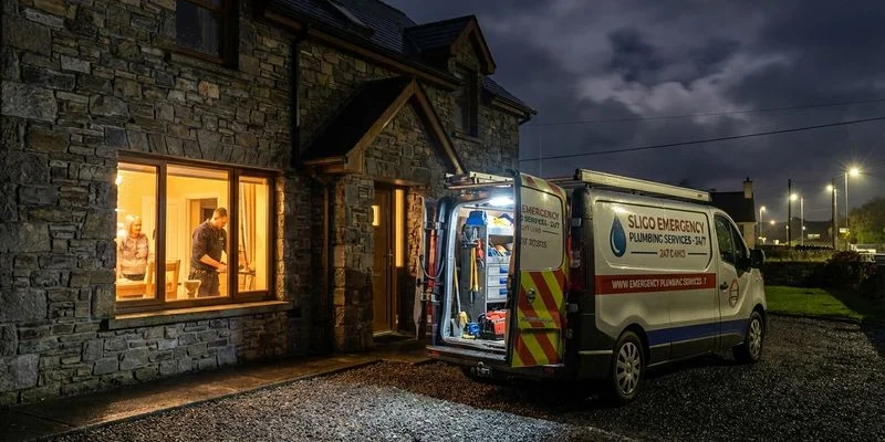 Emergency plumber van parked outside a County Sligo home at night with work lights visible through window