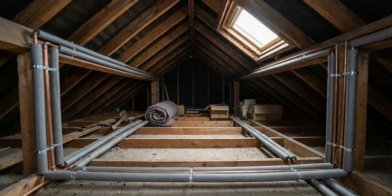 Close-up of lagged copper pipes and insulation in an attic space protecting against winter freezing