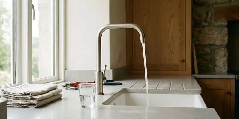 New modern kitchen mixer tap installed on countertop with clear water flowing in a Sligo home kitchen