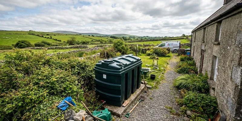 Outdoor oil storage tank in the garden of a rural County Sligo property with green countryside backdrop