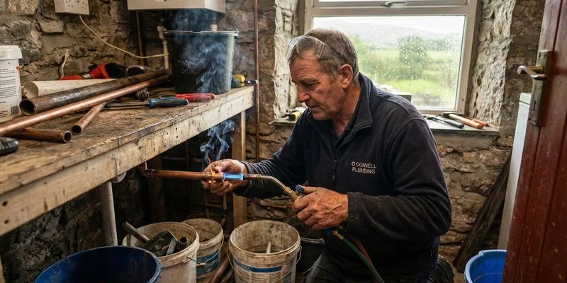 Professional plumber soldering a copper pipe joint with proper flux and blowtorch in a Sligo property