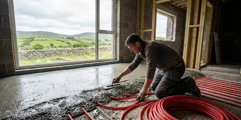 Underfloor heating pipes being laid in screed during a new build construction project in County Sligo