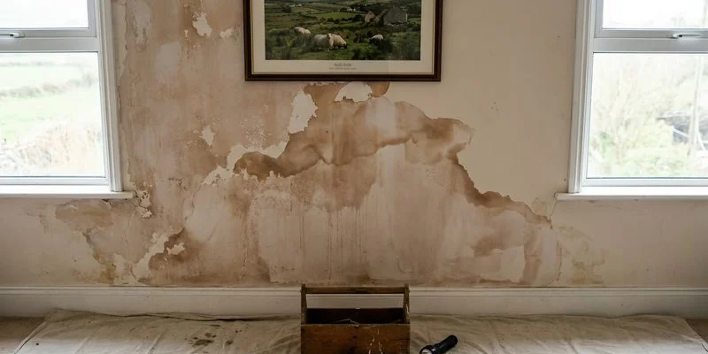 Water damage on a ceiling with brown staining and bubbling paint caused by a leak from the bathroom above