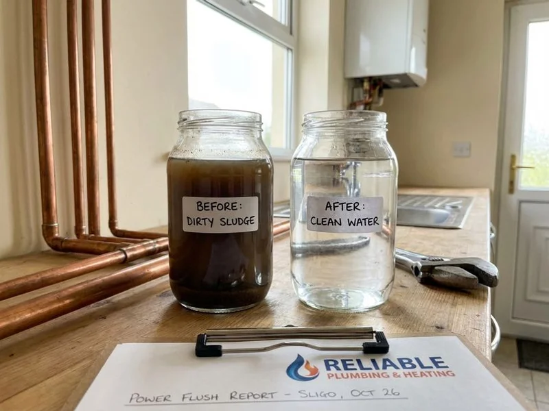 Before and after water samples showing dirty brown sludge water versus clean clear water after power flushing a Sligo home heating system