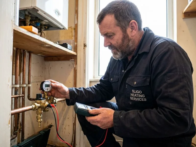 Close-up of a boiler engineer checking gas pressure and safety controls during annual boiler service in Sligo