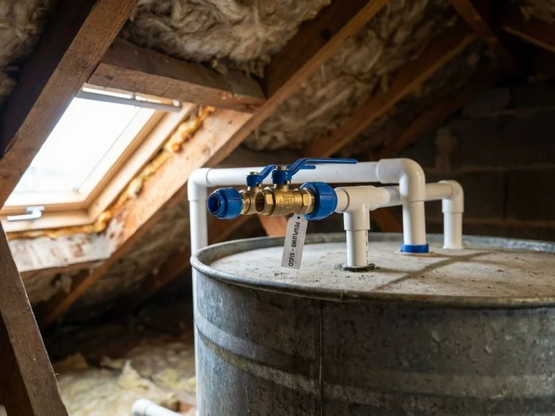 Close-up of new ball valve and overflow pipe connections on a replacement attic water tank in a County Sligo loft