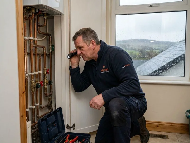 Heating engineer inspecting central heating pipework and radiator valves in a Sligo home during winter repair visit