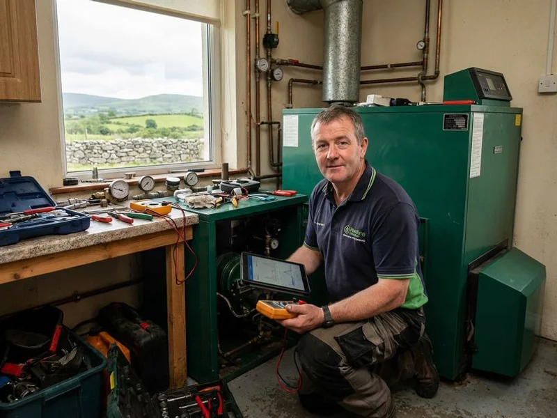 RGI registered heating engineer servicing an oil boiler in a County Sligo home with professional diagnostic equipment