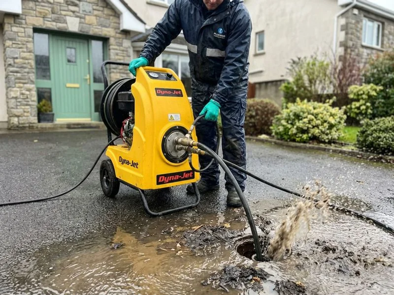 High-pressure water jetting equipment being used to clear a stubborn blockage in an external drain at a Sligo home