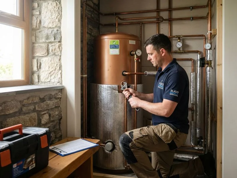 New unvented hot water cylinder being installed by a qualified plumber in a County Sligo home for improved water pressure