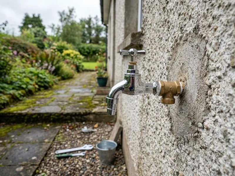 Newly installed chrome outside garden tap with isolating valve fitted to external wall of a County Sligo home
