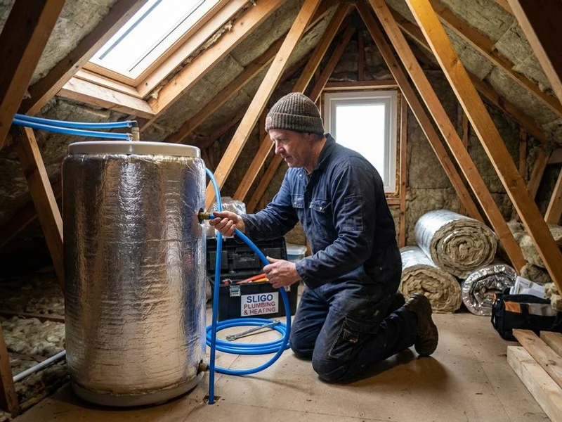 Plumber installing a new insulated plastic cold water storage tank in the attic of a County Sligo home