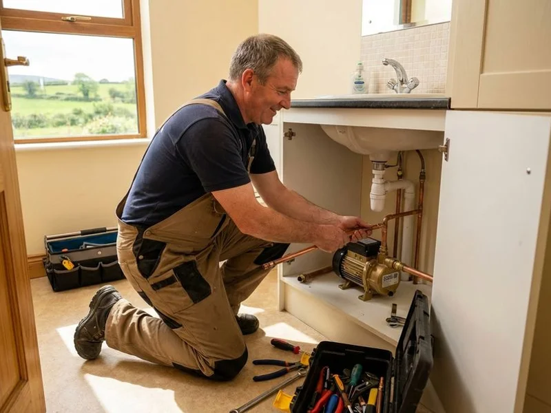 Plumber fitting a shower booster pump to improve water pressure in a gravity-fed Sligo home bathroom