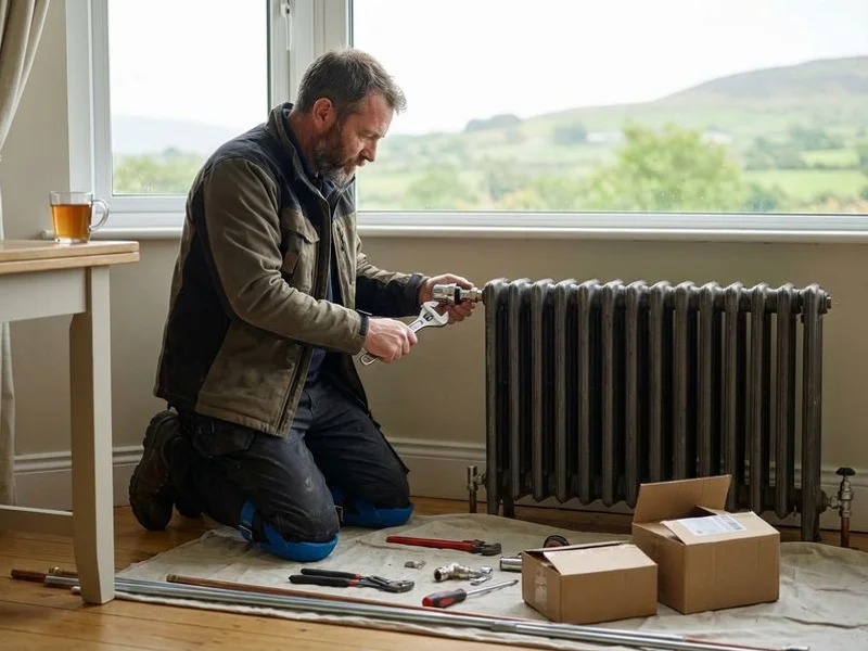 Plumber installing new thermostatic radiator valves as part of a central heating upgrade in a County Sligo home