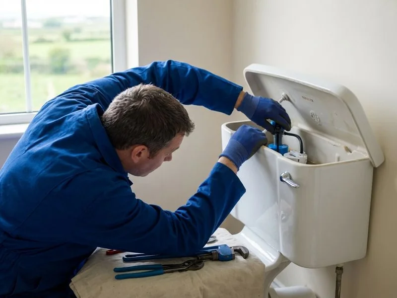 Plumber repairing the internal flush mechanism of a toilet cistern in a County Sligo bathroom
