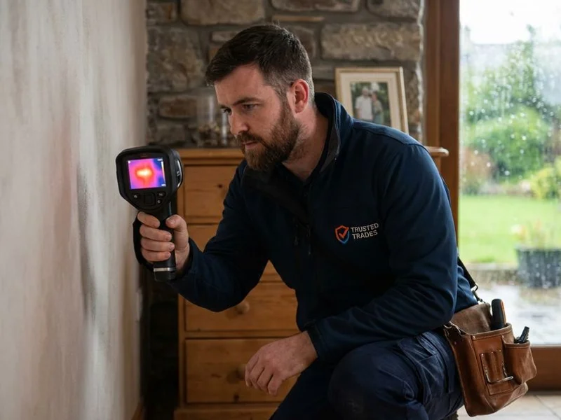 Professional plumber using thermal imaging camera to detect hidden water leak behind wall in County Sligo property