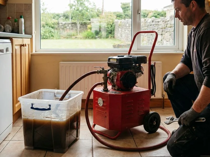 Power flushing machine connected to a central heating system in a Sligo home with dirty water being expelled from radiators