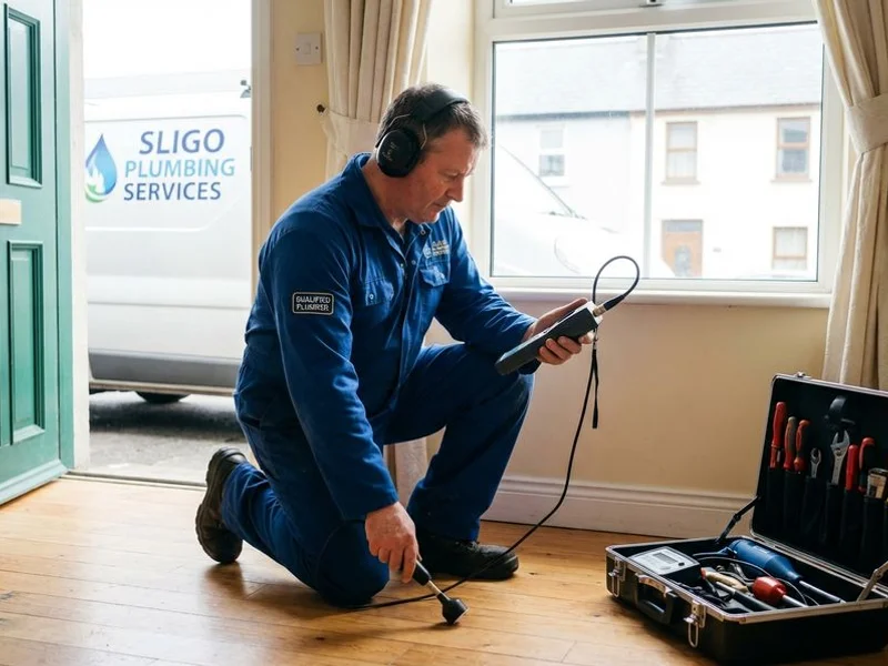 Professional plumber using specialist leak detection equipment to trace a hidden water leak in a Sligo home