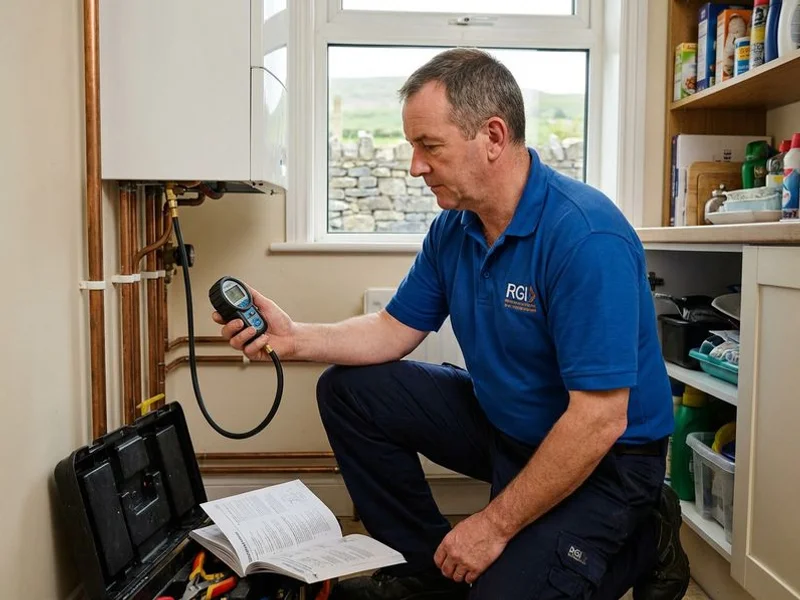 RGI registered gas engineer testing gas pressure at the boiler inlet during annual service in a Sligo Town property