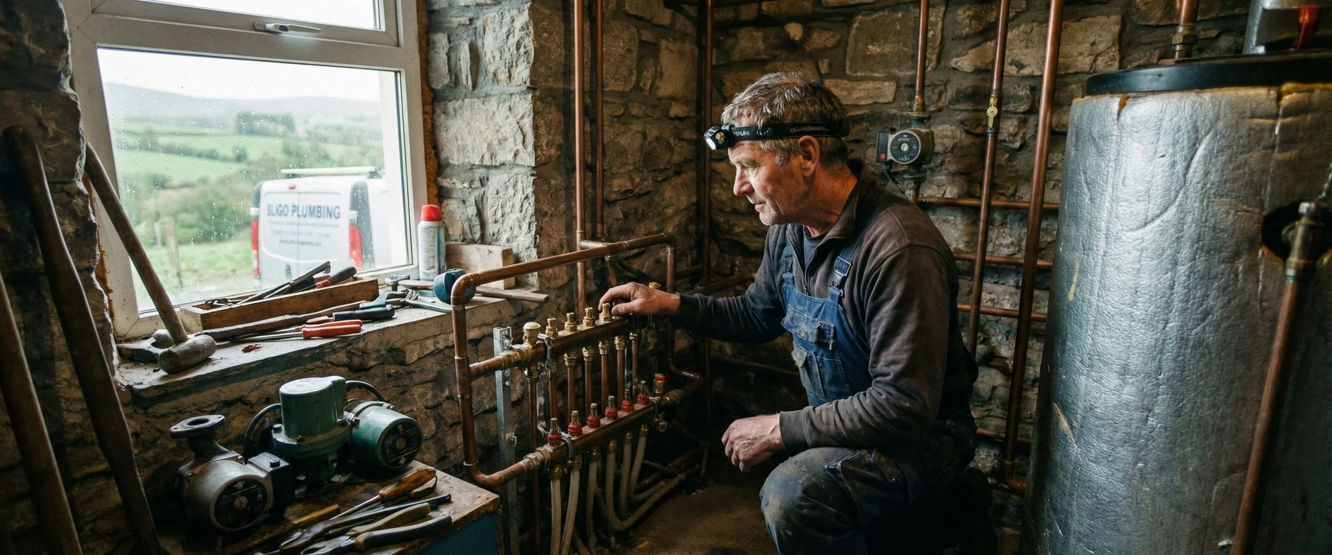 Experienced plumber inspecting copper pipework in a residential boiler room in County Sligo